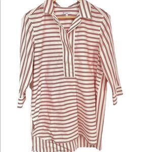 Foxcroft Summer Breezy Tunic, Non Iron, White and Red Stripe Open V-Neck